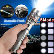 Handheld rechargeable LED flashlight with 5 lighting modes and zoomable beam. Designed for long-range outdoor visibility up to 100 meters.