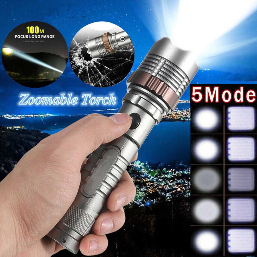 Handheld rechargeable LED flashlight with 5 lighting modes and zoomable beam. Designed for long-range outdoor visibility up to 100 meters.