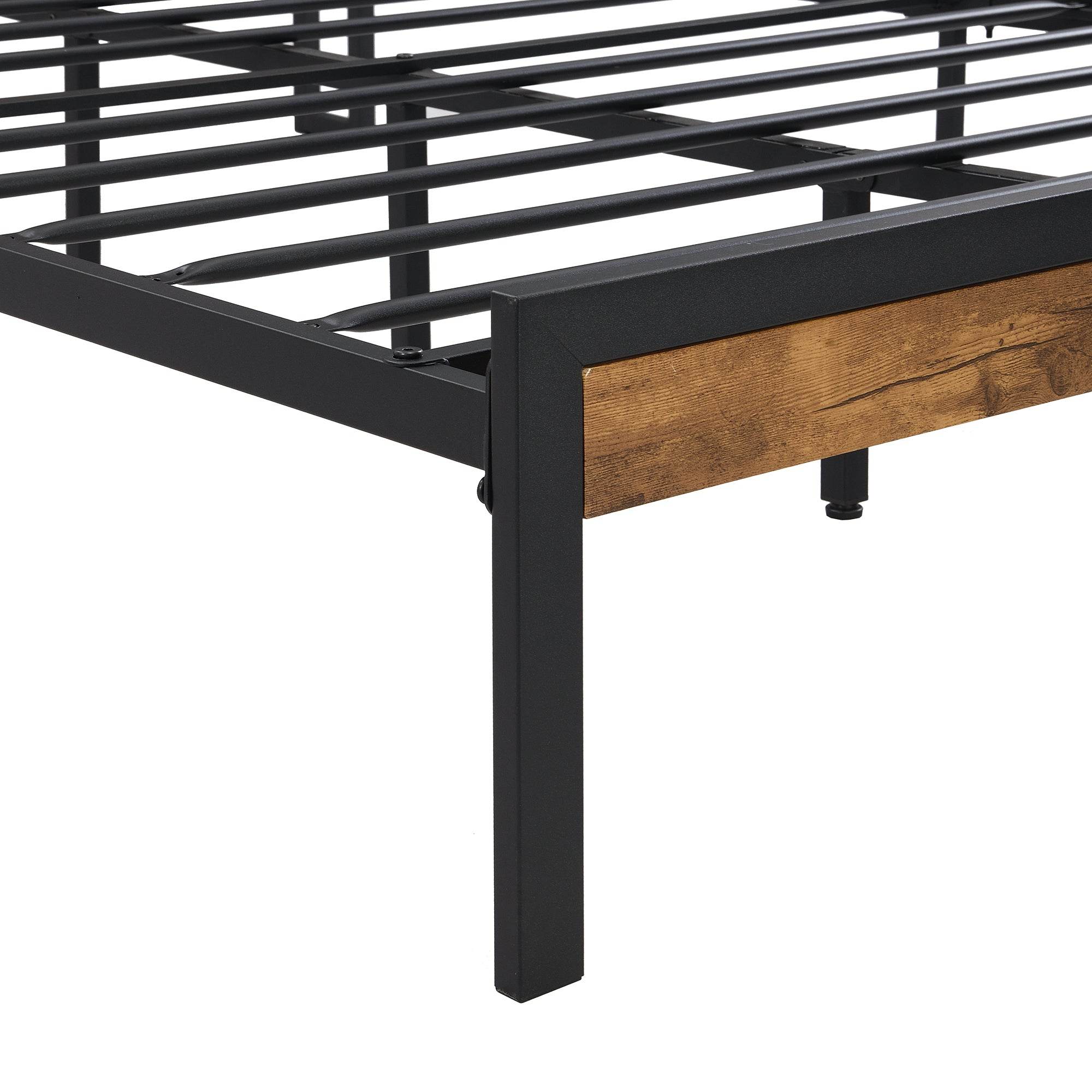 Queen Size Metal Platform Bed Frame with Wooden Headboard and Footboard with USB LINER, No Box Spring Needed, Large Under Bed Storage