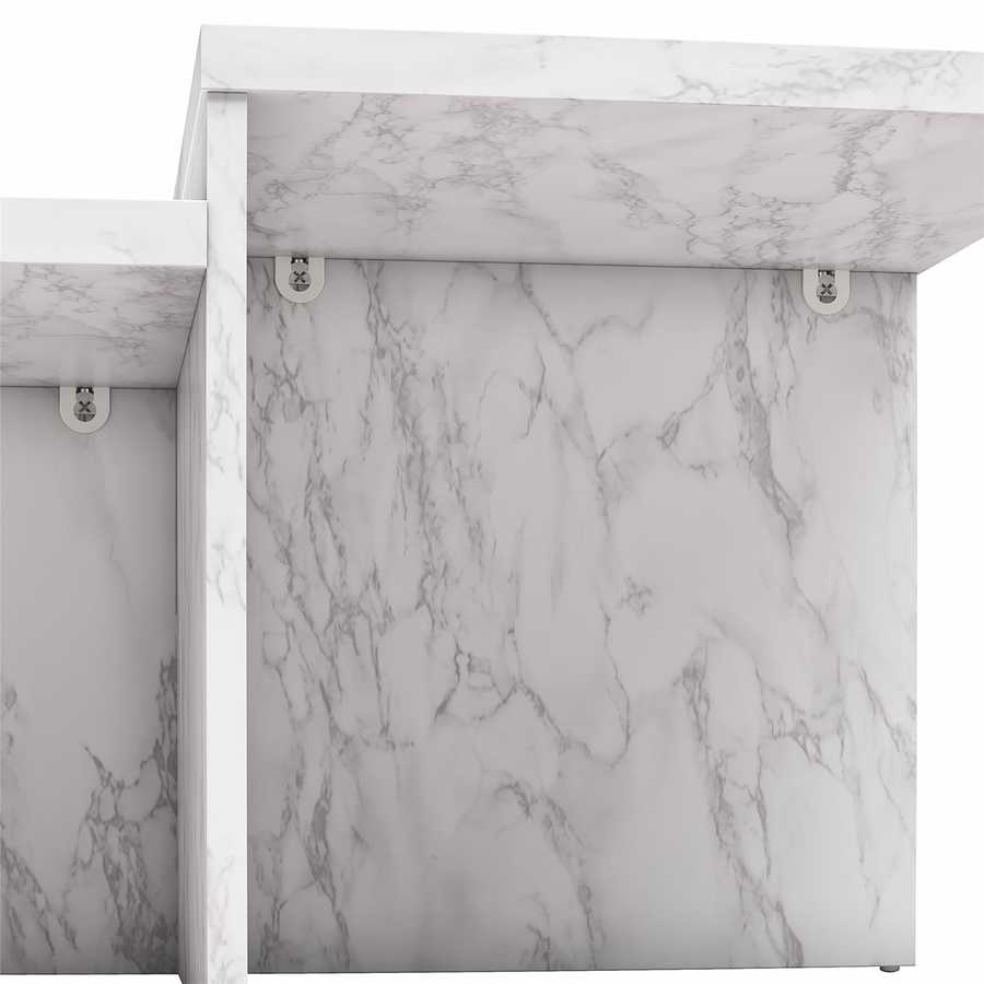 Close-up of Brielle Coffee Table’s underside, displaying secure bracket attachments and realistic faux marble texture.