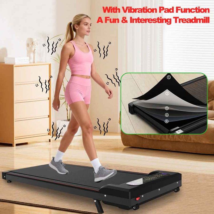 Black portable foldable treadmill with 2.0HP motor, adjustable speed, incline, and vibration pad for home office workouts