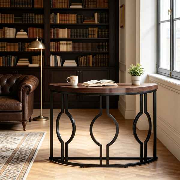 A round console table with a dark wood top and a black metal frame featuring three interlocking circular cutouts, styled in a cozy library room next to a leather armchair and bookshelves.
