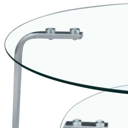 Detail of the smooth tempered glass edge on the Vintage Metal Frame Coffee Table - Glass Top | 31.5 Inches.