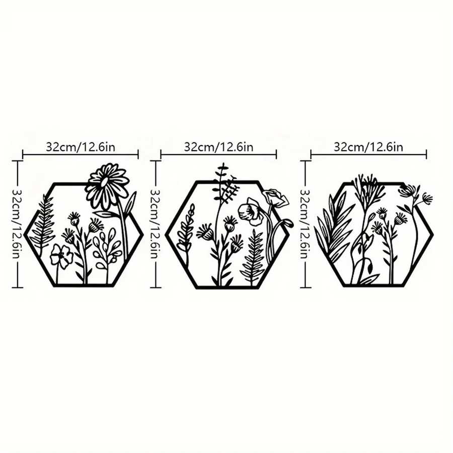 Hexagon botanical wall art set with black metal floral illustrations for home decoration