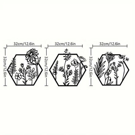 Hexagon botanical wall art set with black metal floral illustrations for home decoration