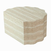 Close-up of beige marble textured surface of round coffee tables, showcasing natural stone pattern and elegant design, SKU: W3040P510477