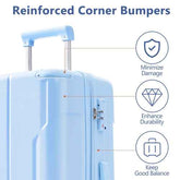 Light blue suitcase with reinforced corner bumpers highlighted, featuring icons and text about benefits.