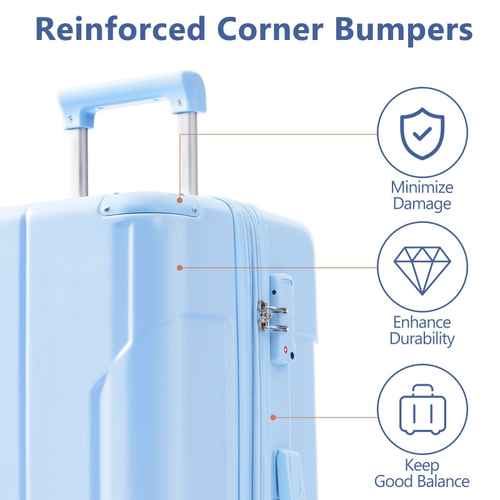 Light blue suitcase with reinforced corner bumpers highlighted, featuring icons and text about benefits.