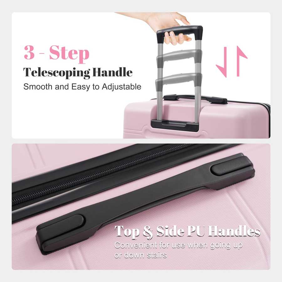 Pink suitcase with a telescoping handle and top & side handles on a white background.