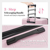 Pink suitcase with a telescoping handle and top & side handles on a white background.