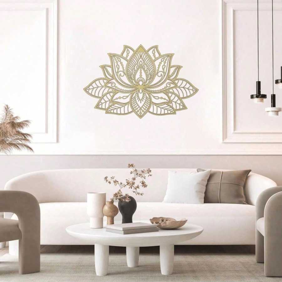 Iron Mandala Wall Art in gold mounted on a white wall above a minimalist beige sofa. Perfect for serene and zen-inspired home settings.