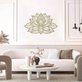 Iron Mandala Wall Art in gold mounted on a white wall above a minimalist beige sofa. Perfect for serene and zen-inspired home settings.