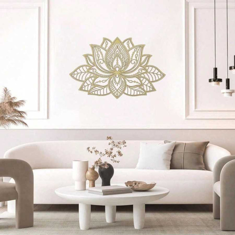 Iron Mandala Wall Art in gold mounted on a white wall above a minimalist beige sofa. Perfect for serene and zen-inspired home settings.