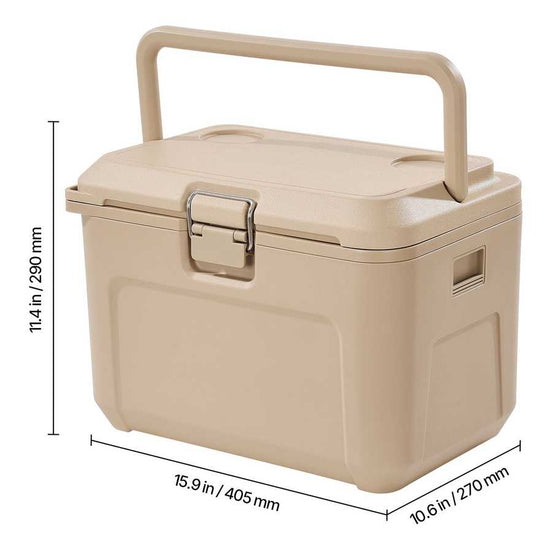 Beige storage box with dimensions indicated on a white background