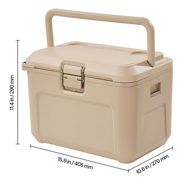Beige storage box with dimensions indicated on a white background