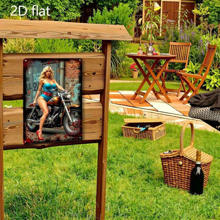 A rectangular metal sign or wall art panel mounted on a wooden display stand in a garden setting. The panel features a vintage-style pin-up illustration of a woman sitting on a motorcycle, wearing a white hat, blue top, and red skirt with red high heels.