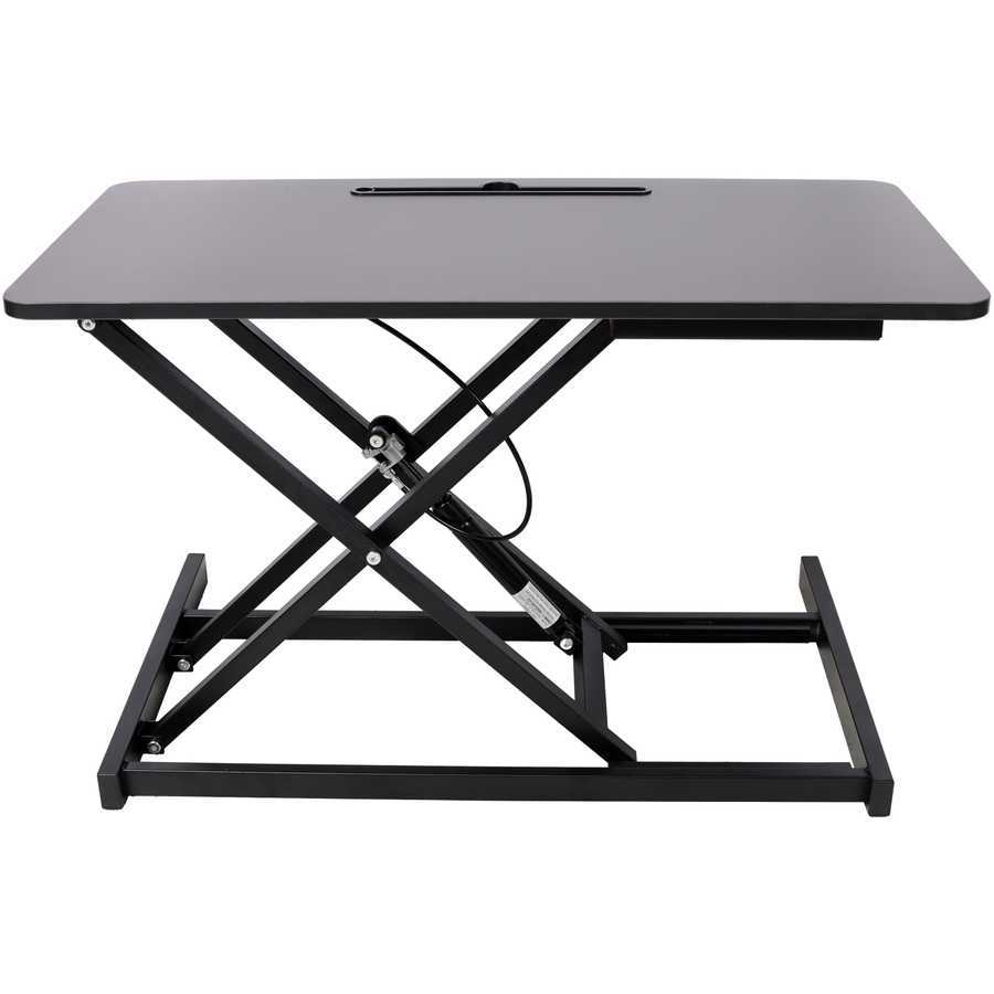 Side view of adjustable height laptop desk in raised position, showcasing sturdy metal frame and smooth desktop surface.