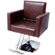 Hair salon chair with square chrome base and padded armrests, featuring a 360° swivel for easy stylist maneuverability.