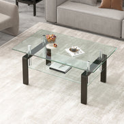 Modern Tempered Clear Glass Coffee Table with 2-Layers and Waterfall Edges for Living Room