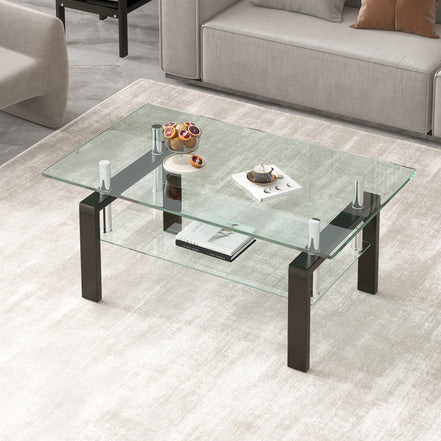 Modern Tempered Clear Glass Coffee Table with 2-Layers and Waterfall Edges for Living Room