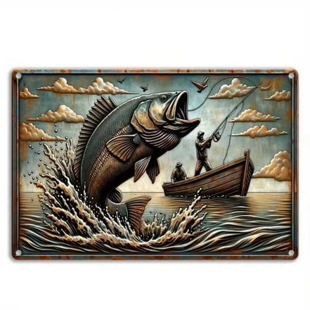 Waterproof metal fishing wall art sign featuring large fish and boat for outdoor decor