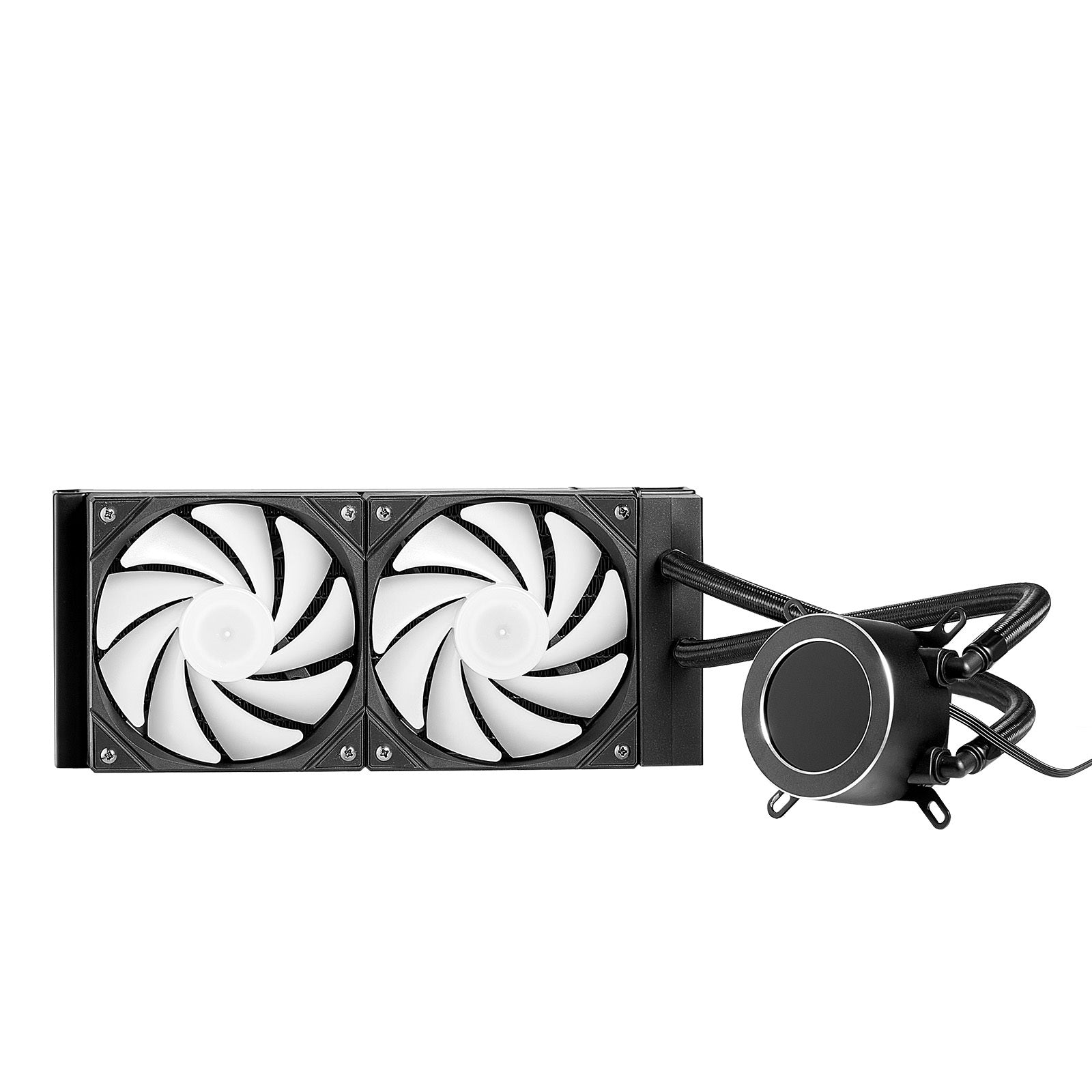 Computer cooling system with dual fans and a pump on a white background