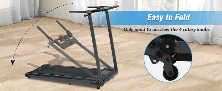 Foldable treadmill with easy to fold mechanism and wheels