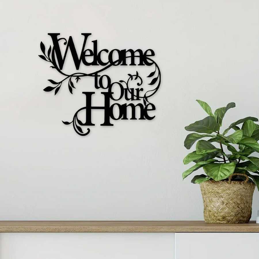 Floral wall art reading 'Welcome to Our Home' mounted above a console table, perfect for entryway decor in home and garden settings.