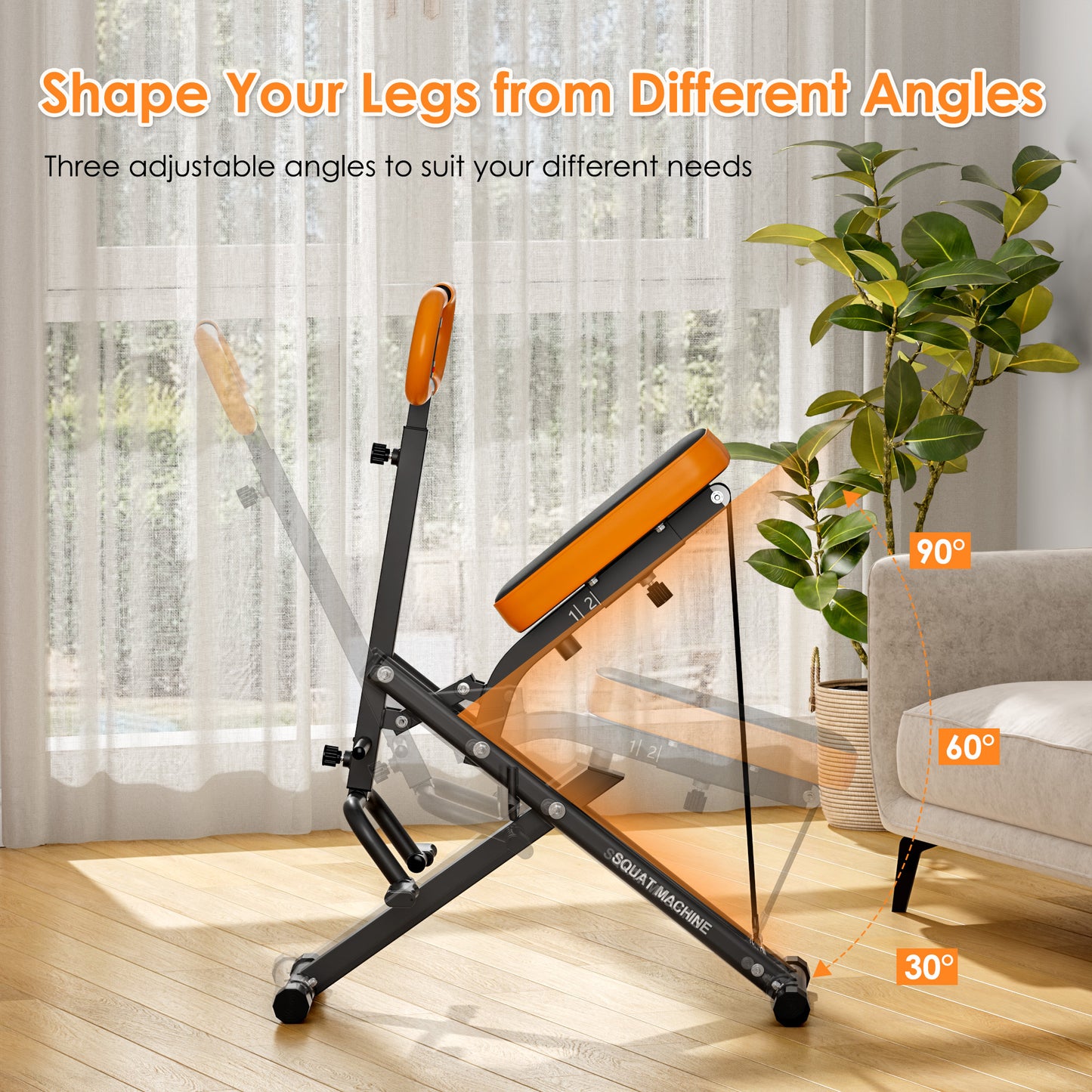 Squat Machine Home with adjustable angles at 30°, 60°, and 90° to shape legs from different positions for full body training.