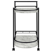 Front view of faux marble serving cart with wine rack, highlighting compact design and dual-tier storage for wine and accessories.