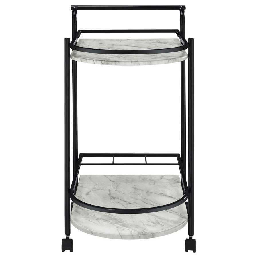 Front view of faux marble serving cart with wine rack, highlighting compact design and dual-tier storage for wine and accessories.
