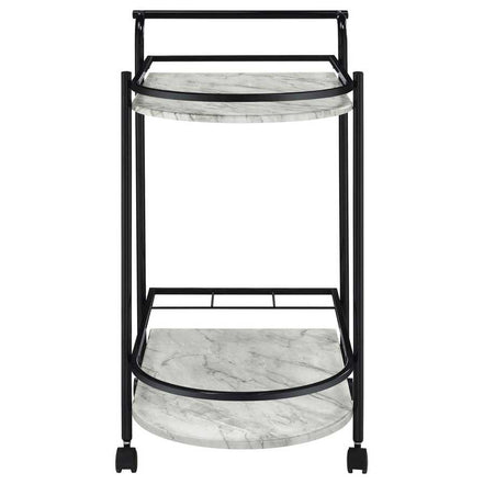 Front view of faux marble serving cart with wine rack, highlighting compact design and dual-tier storage for wine and accessories.