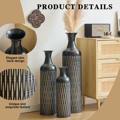 Close-up product details of black floor vases set of 3, highlighting elegant neck design and unique textured surface.