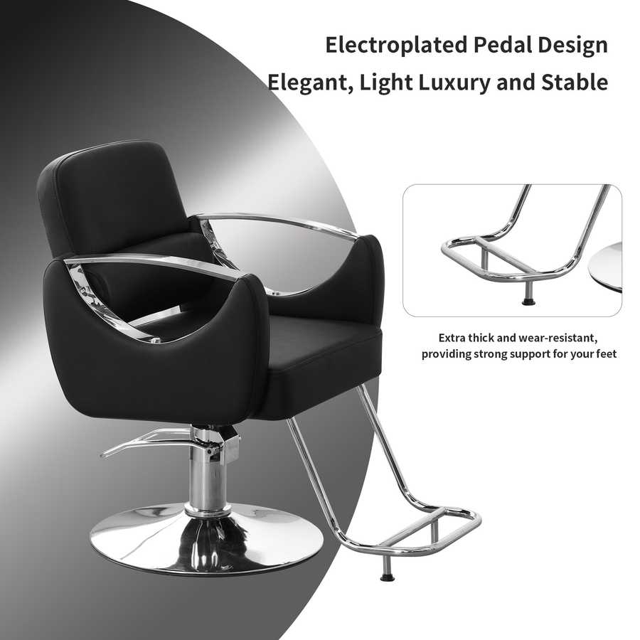 Black salon chair with chrome base and footrest on a gray background