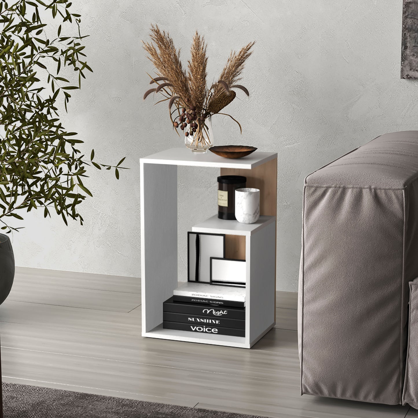 Everet 25' High 3-Tier Side Table Black White - Natural Oak