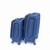 Blue rolling suitcase with ergonomic handle and four spinner wheels, designed for easy maneuverability during travel.