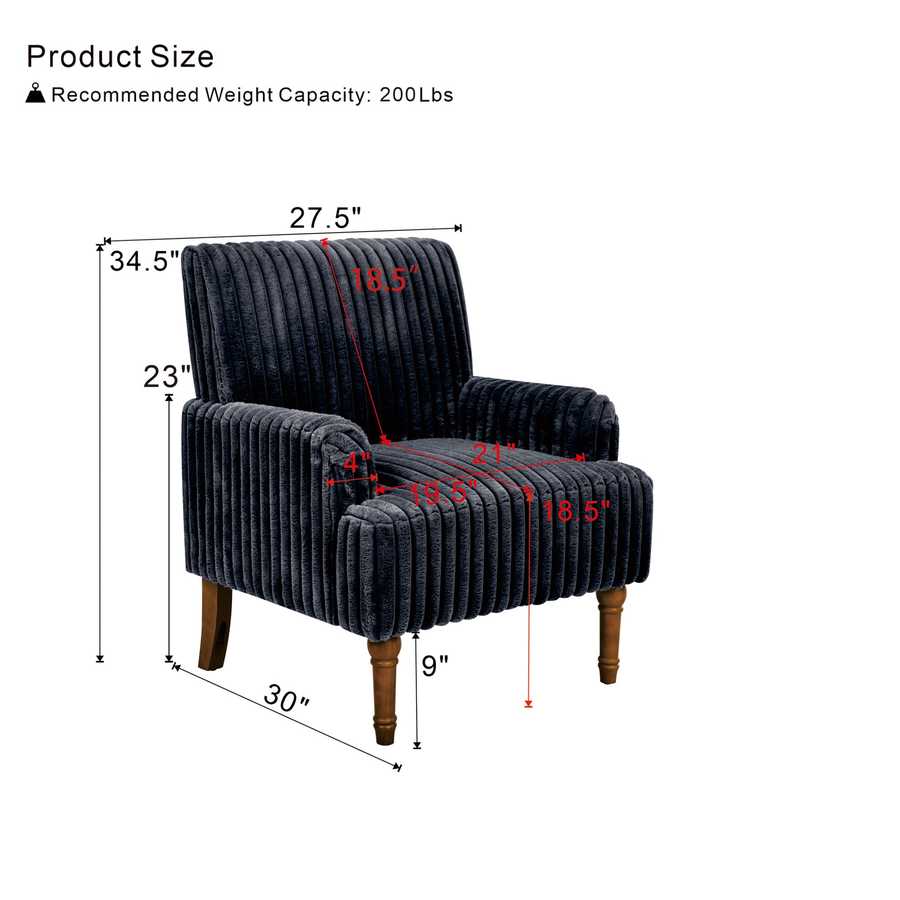 Blue armchair with dimensions labeled on a white background