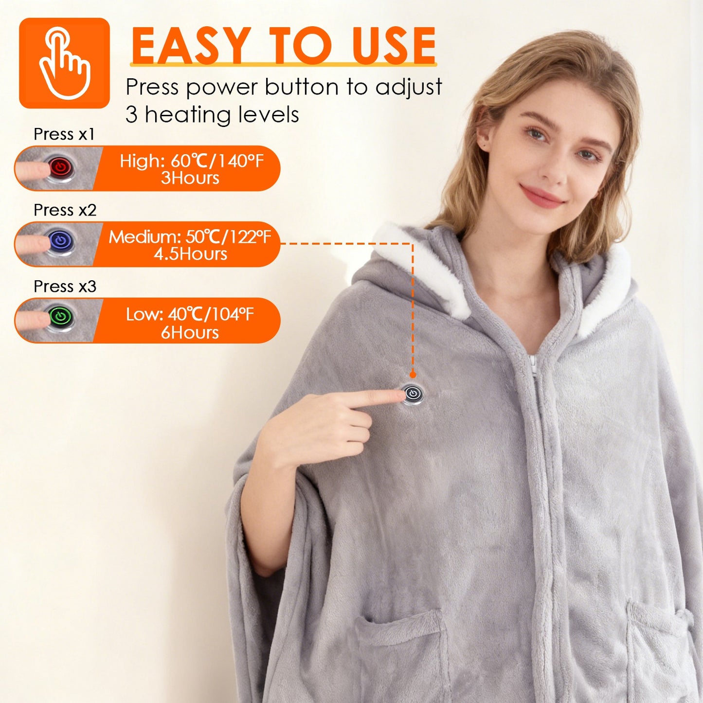 8-Zone Wearable Heated Blanket - 3 Adjustable Heat Levels, 59x31in Soft Flannel, USB-Powered Portable Design with Pockets, Machine Washable Winter Warmth