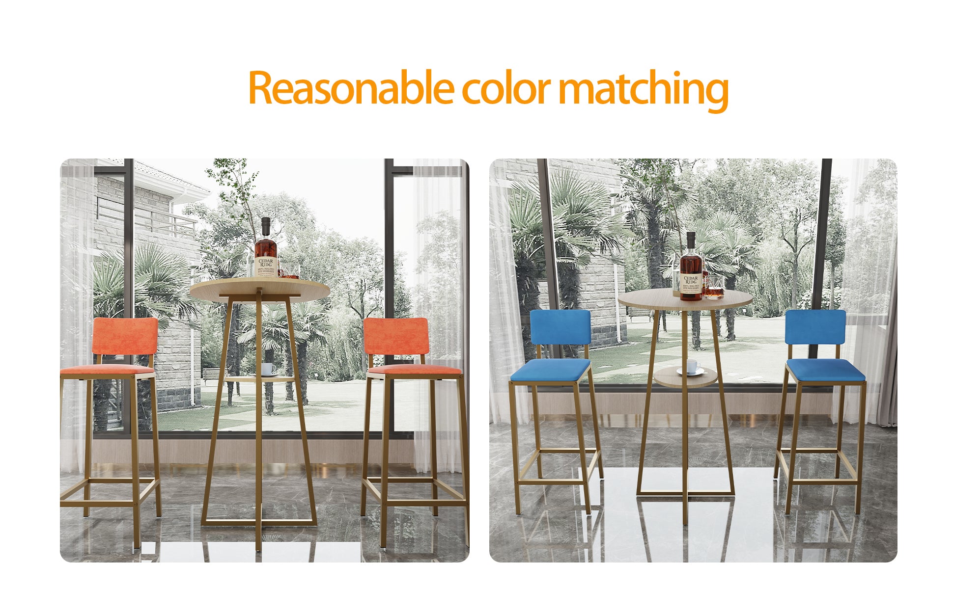 Bar Table and Chairs Set - Gold Frame, Storage Function | Dining Set for 2 shown in blue and orange cushion options for stylish home decor.