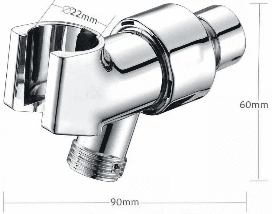 Chrome shower valve with dimensions labeled on a white background