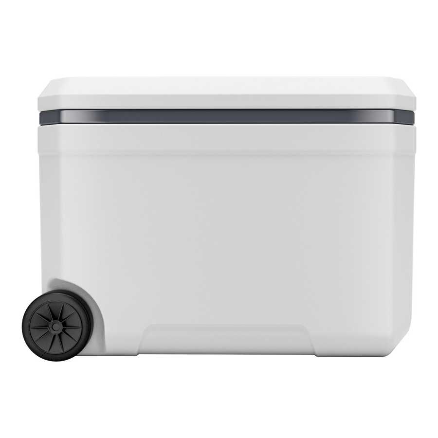 White cooler box with a black wheel on a white background