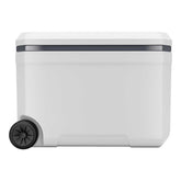 White cooler box with a black wheel on a white background