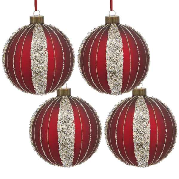 Four red and silver striped Christmas ornaments on a white background
