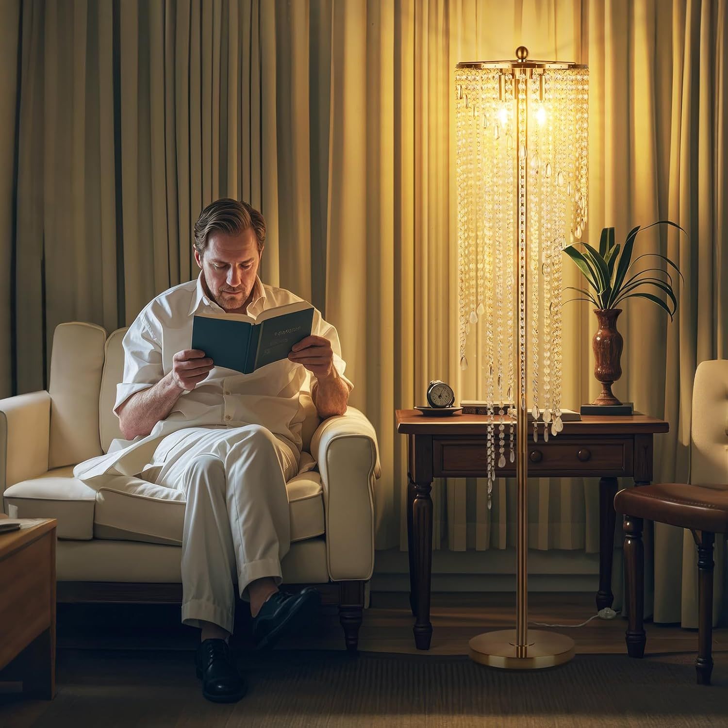 Gold floor lamp for living room providing warm LED light beside a man reading in a cozy armchair, ideal for ambient lighting.