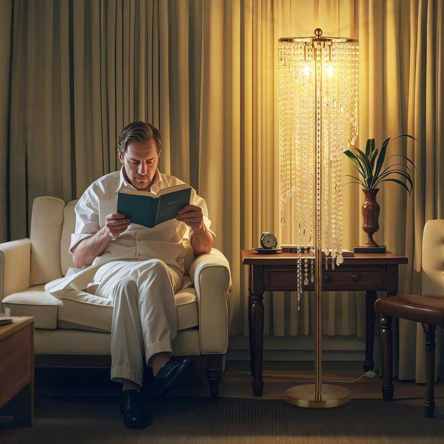 Gold floor lamp for living room providing warm LED light beside a man reading in a cozy armchair, ideal for ambient lighting.