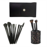 Makeup Brush Set - Essential Beauty Tools| Facial & Eye brushes with black handles, storage pouch, and glittery holder for organized beauty routines.