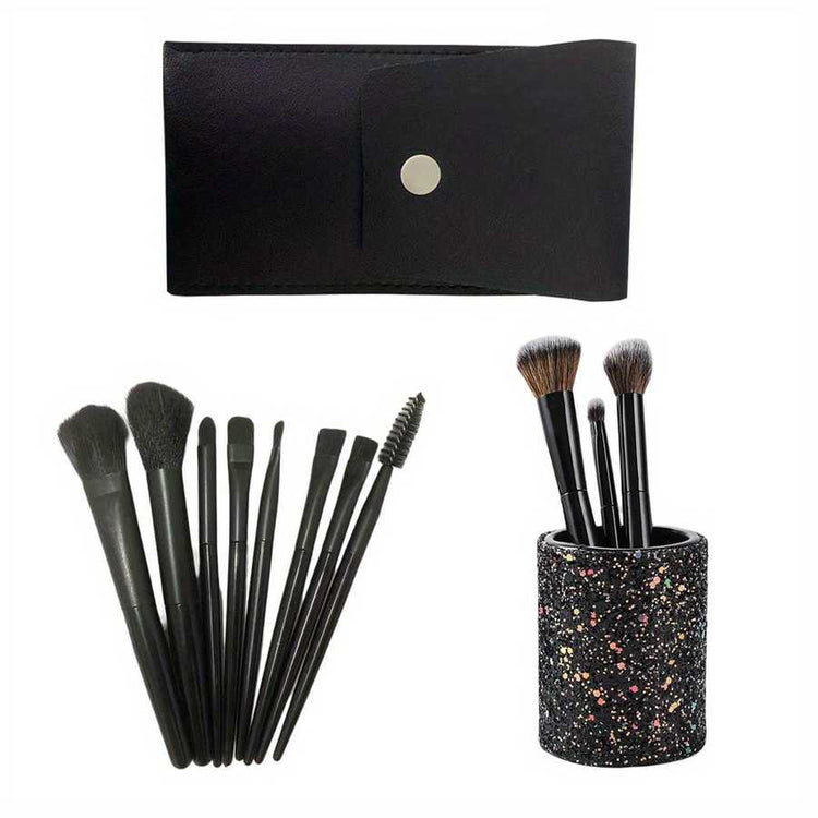 Makeup Brush Set - Essential Beauty Tools| Facial & Eye brushes with black handles, storage pouch, and glittery holder for organized beauty routines.