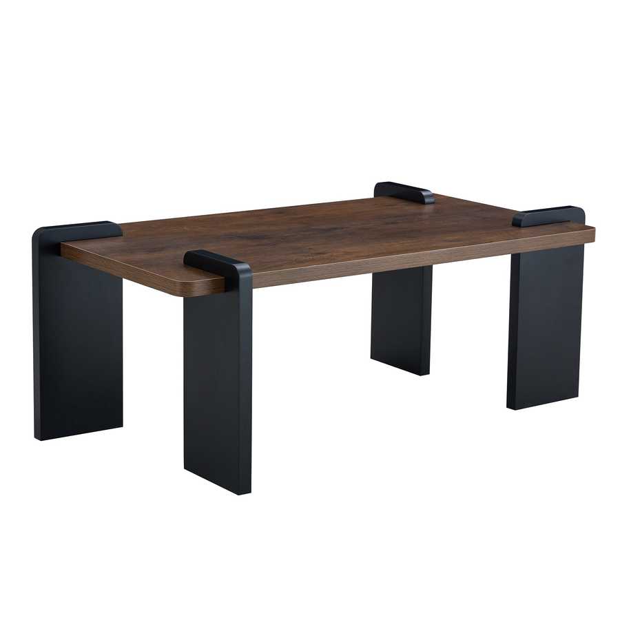Walnut MDF Coffee Table with modern black legs, ideal for minimalist living rooms. Durable design with sleek finish for contemporary interiors.