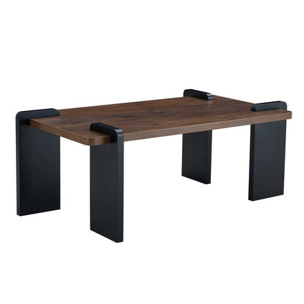 Walnut MDF Coffee Table with modern black legs, ideal for minimalist living rooms. Durable design with sleek finish for contemporary interiors.