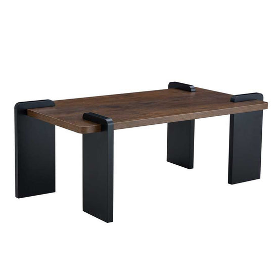 Walnut MDF Coffee Table with modern black legs, ideal for minimalist living rooms. Durable design with sleek finish for contemporary interiors.